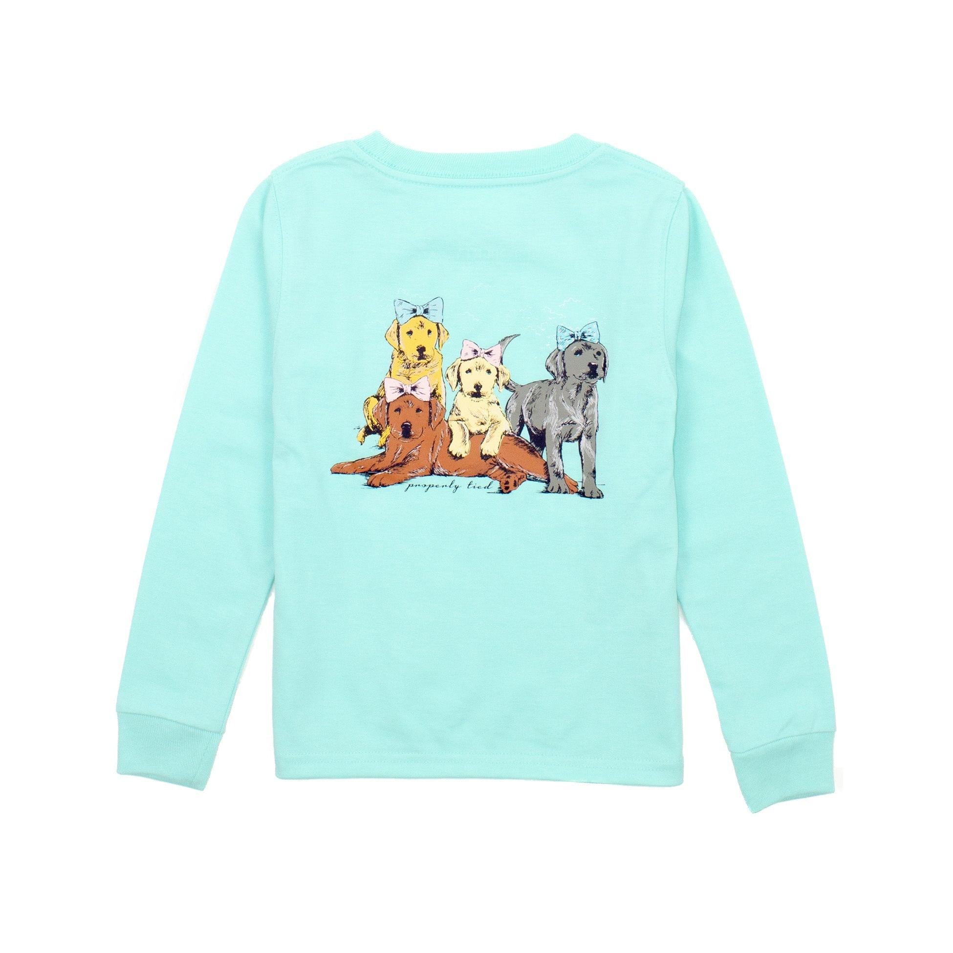 Girls Puppy Pile LS Tee - Seafoam