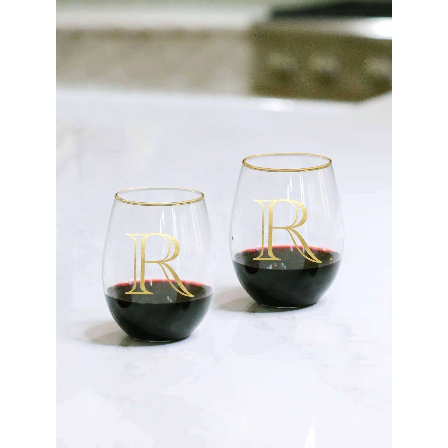 Gold Initial Stemless Wine Glass - Set of 2