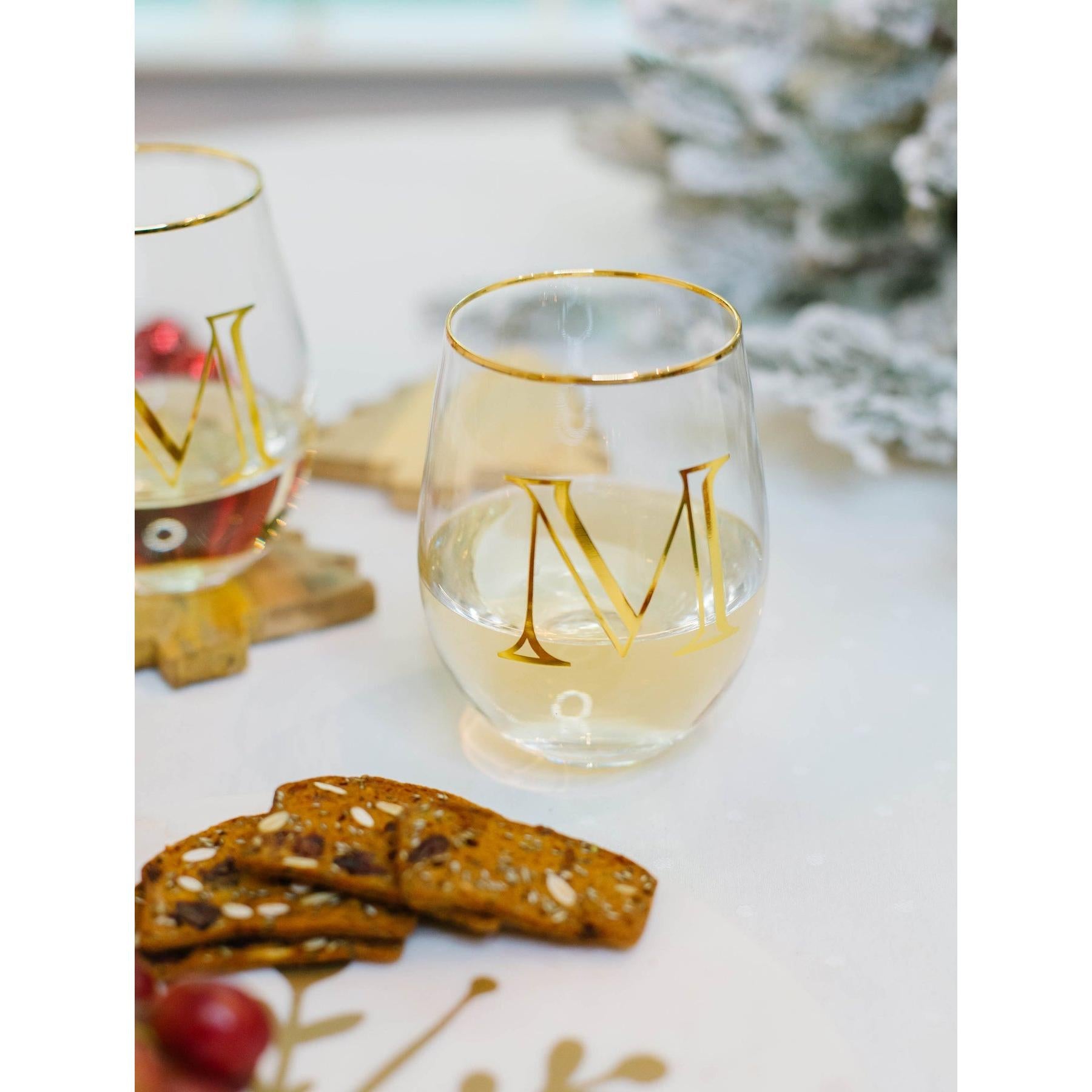 Gold Initial Stemless Wine Glass - Set of 2
