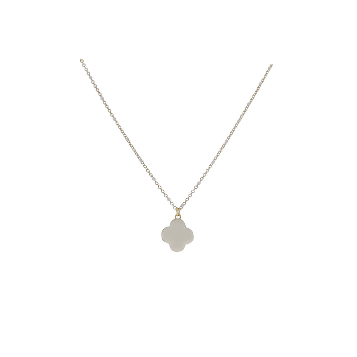 15" 18K Plated Necklace - Cable Chain White Enamel Quatrefoil Pendant