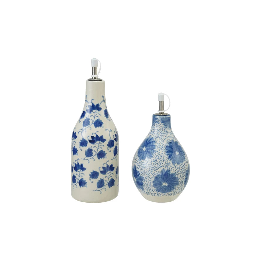 Blue & White Stoneware Oil Cruet w/ Stopper
