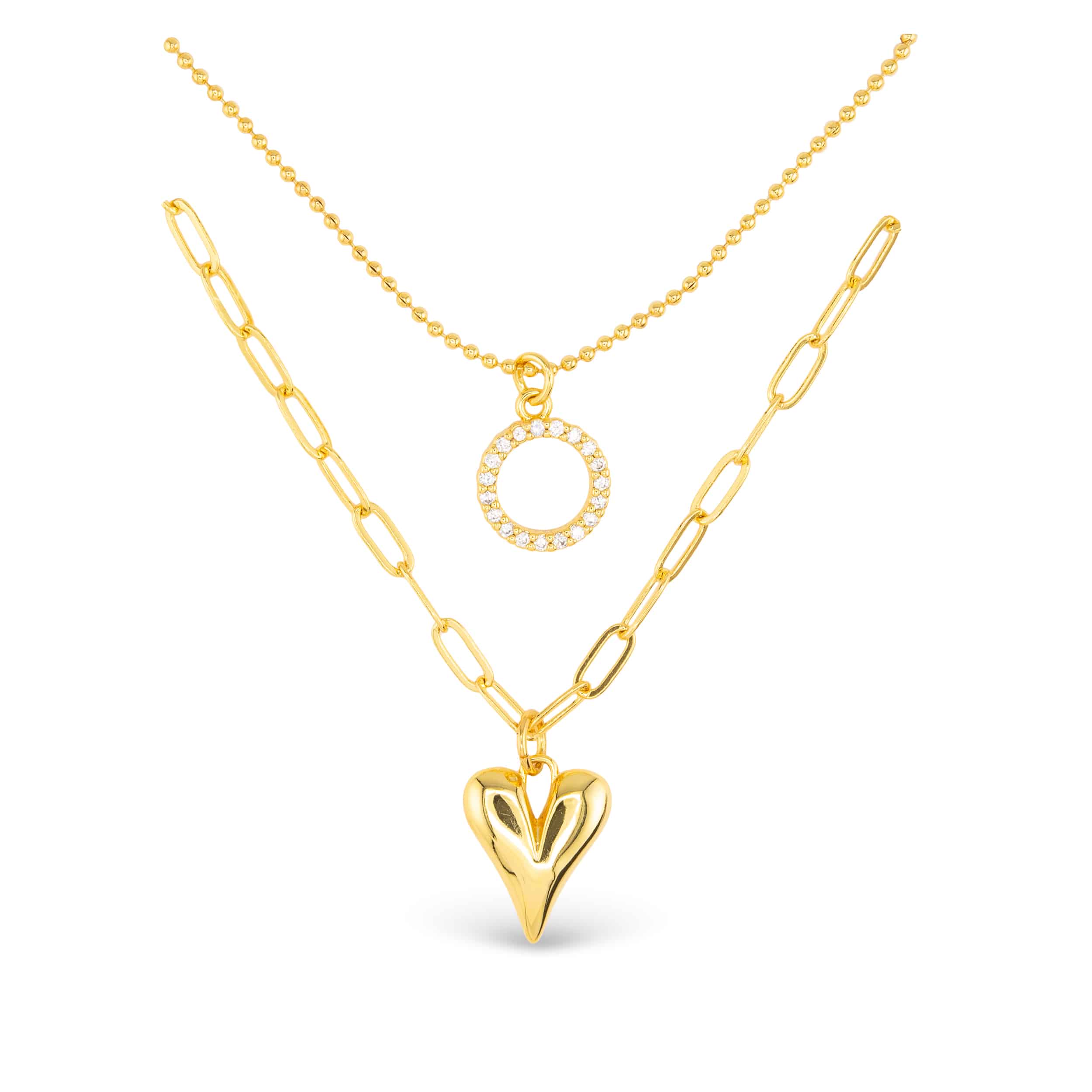 CZ Dual Layer Circle Heart Necklace - Gold - 51844