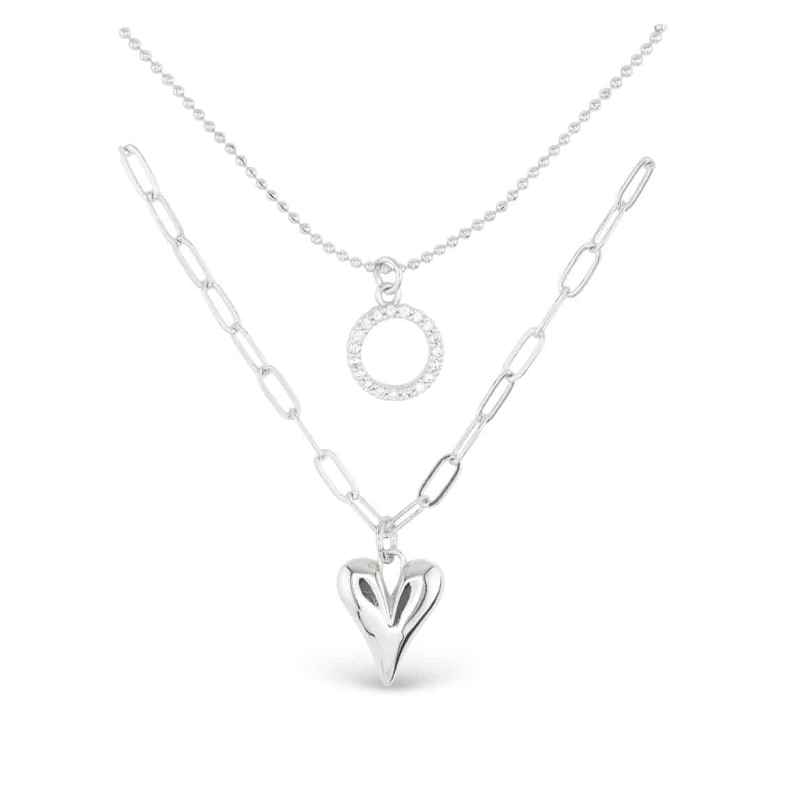 CZ Dual Layer Circle Heart Necklace - Silver- 51845