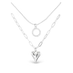 CZ Dual Layer Circle Heart Necklace - Silver- 51845