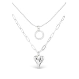 CZ Dual Layer Circle Heart Necklace - Silver- 51845