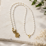 White Bead Gold Cross Necklace