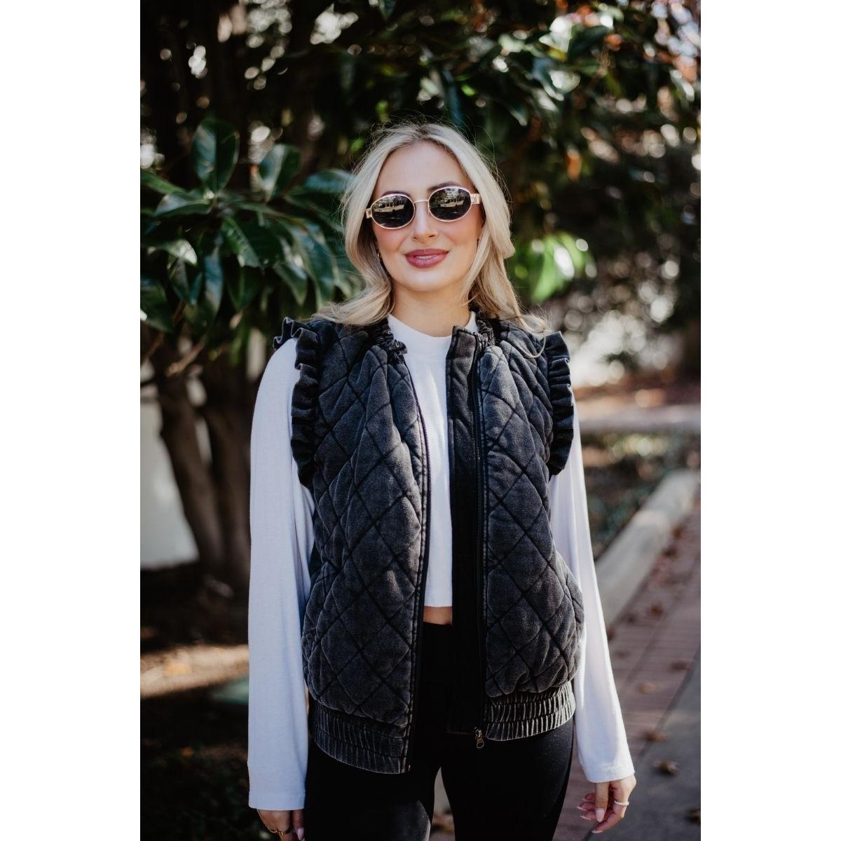 Garment Washed Quilted Vest - Charcoal