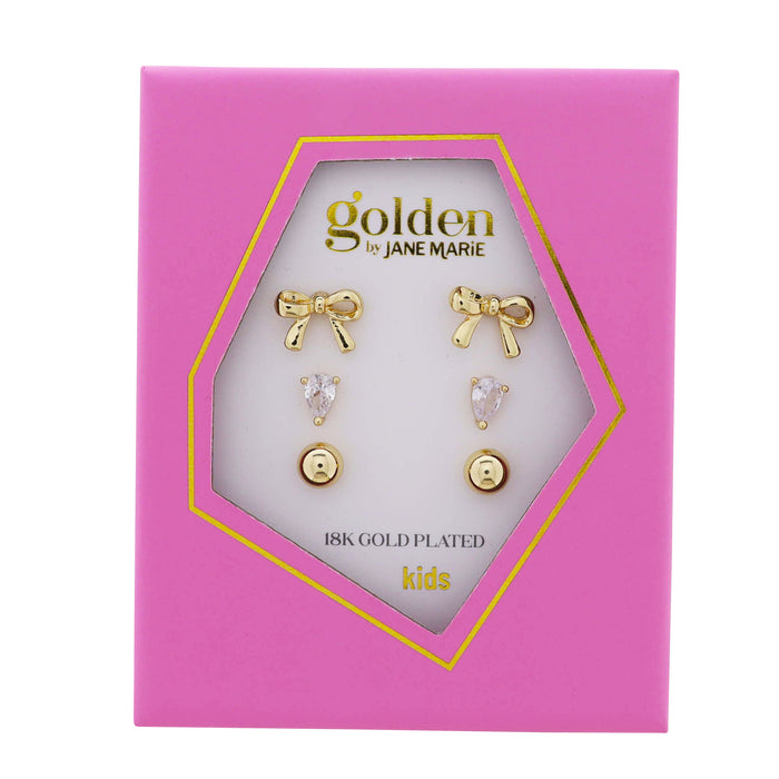 Girls Golden Happiness Earrings- 3 Pair Set