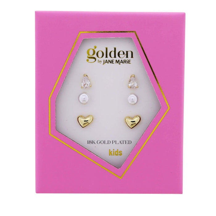 Girls Golden Happiness Earrings- 3 Pair Set