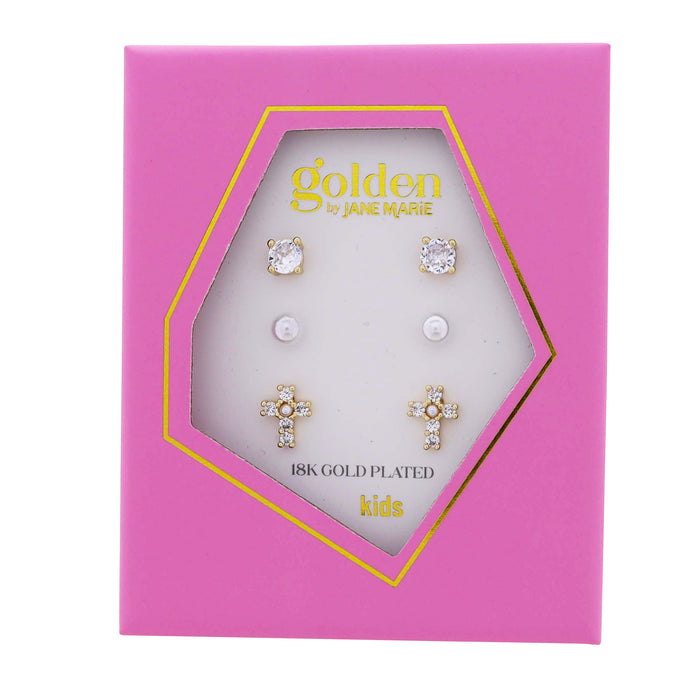 Girls Golden Happiness Earrings- 3 Pair Set