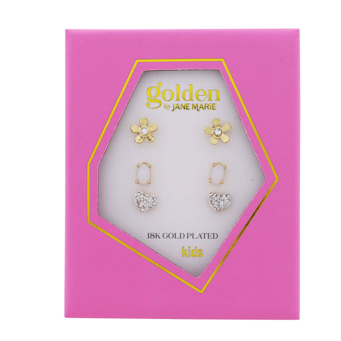 Girls Golden Happiness Earrings- 3 Pair Set