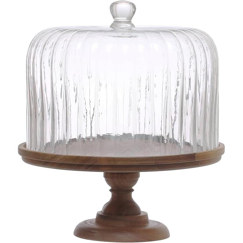 Glass Cake Stand w/ Wooden Base 13"