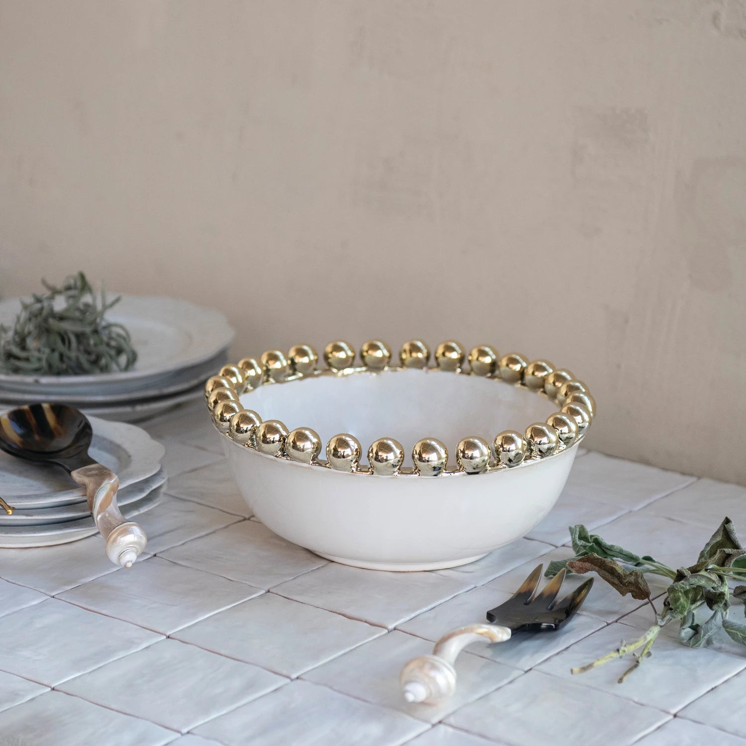 Gold Ball Rim Stoneware Serving Bowl