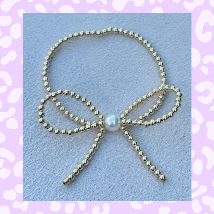 Gold Bead Bow Bracelet with Pearl