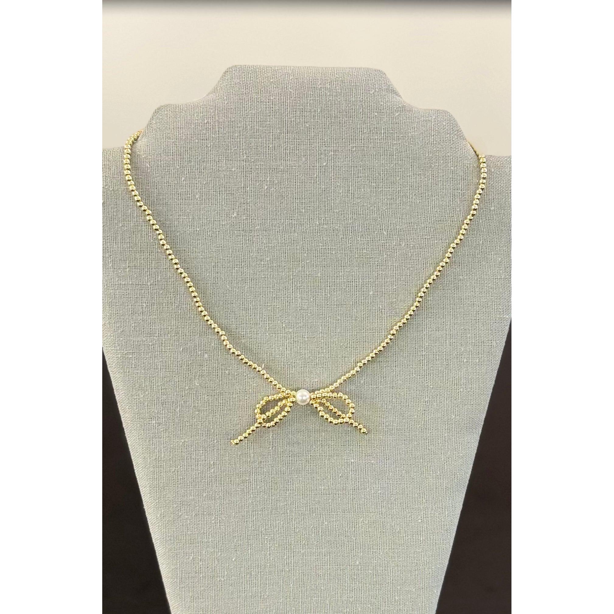 Gold Bead Bow Necklace with Pearl