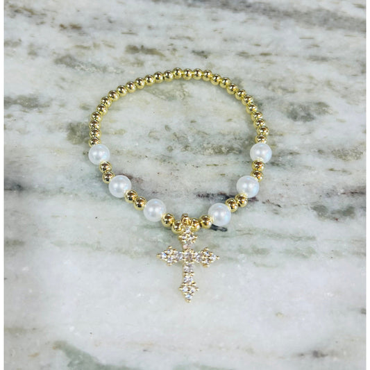 Gold Bead Pearl Bracelet with Large Cross