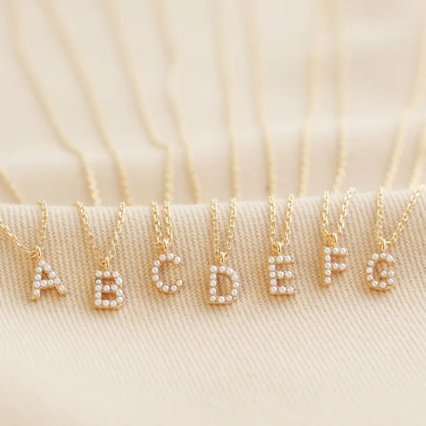 Gold Bead Pearl Letter Necklace