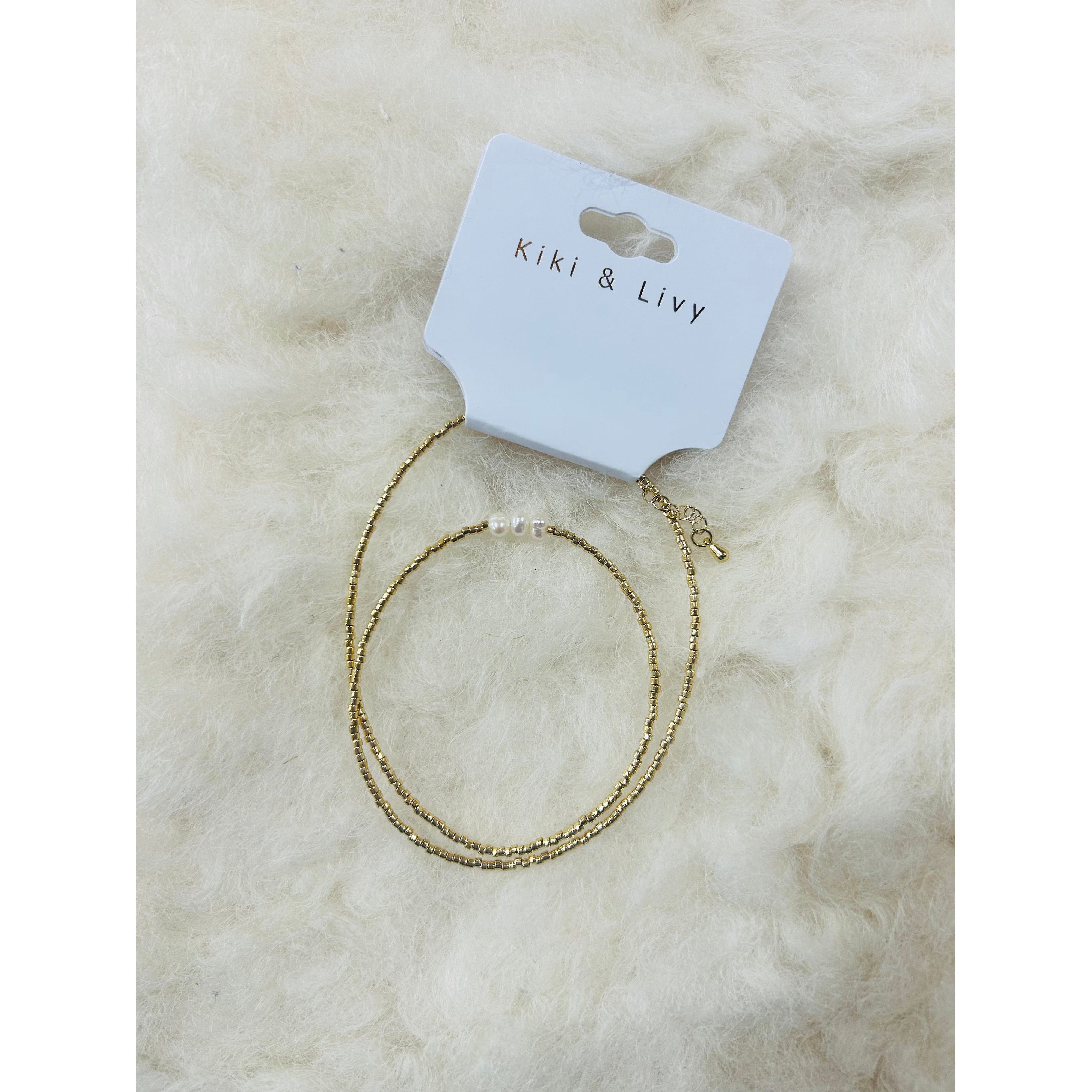 Gold Bead Triple Pearl Choker