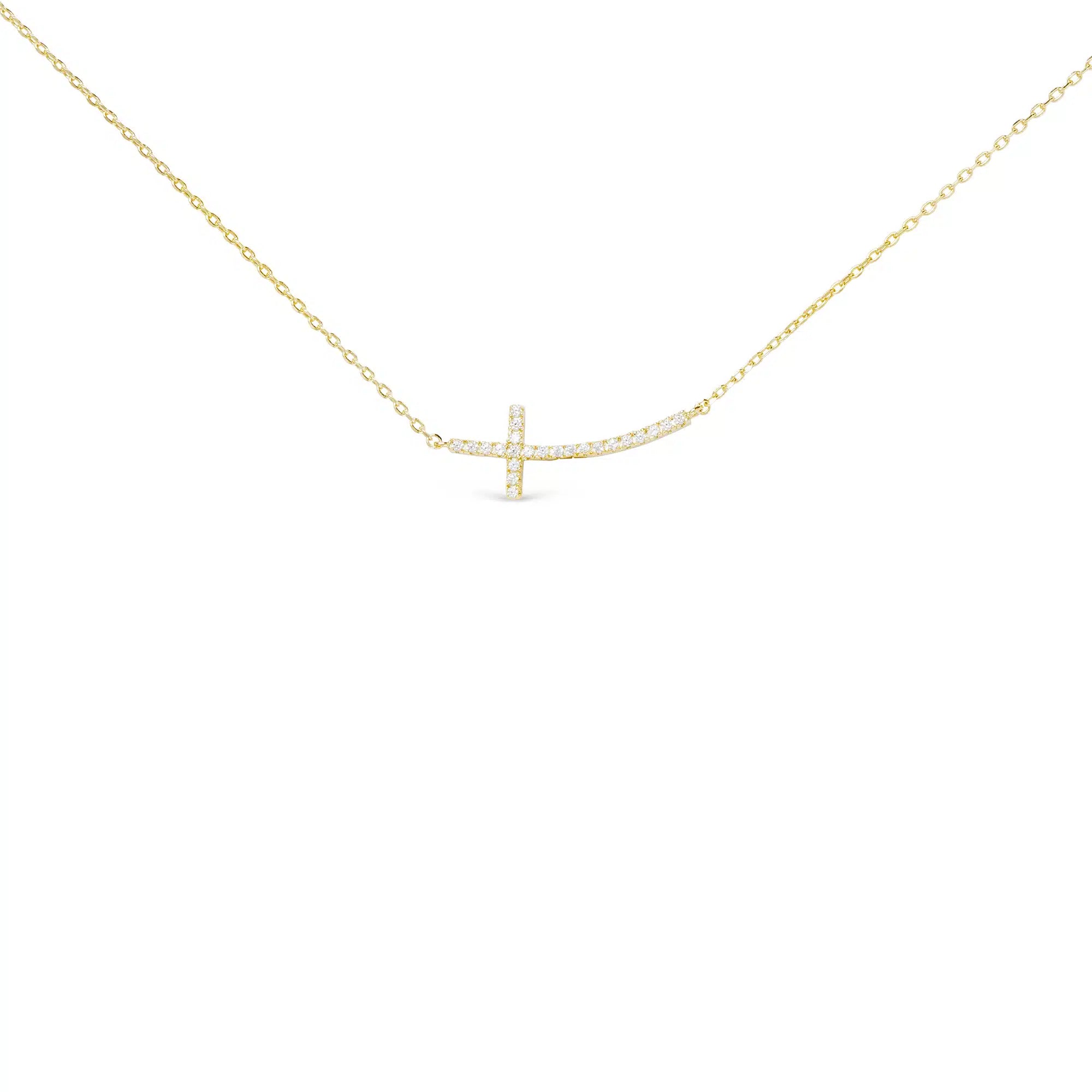 Gold CZ Curved Laying Cross Necklace - 52162
