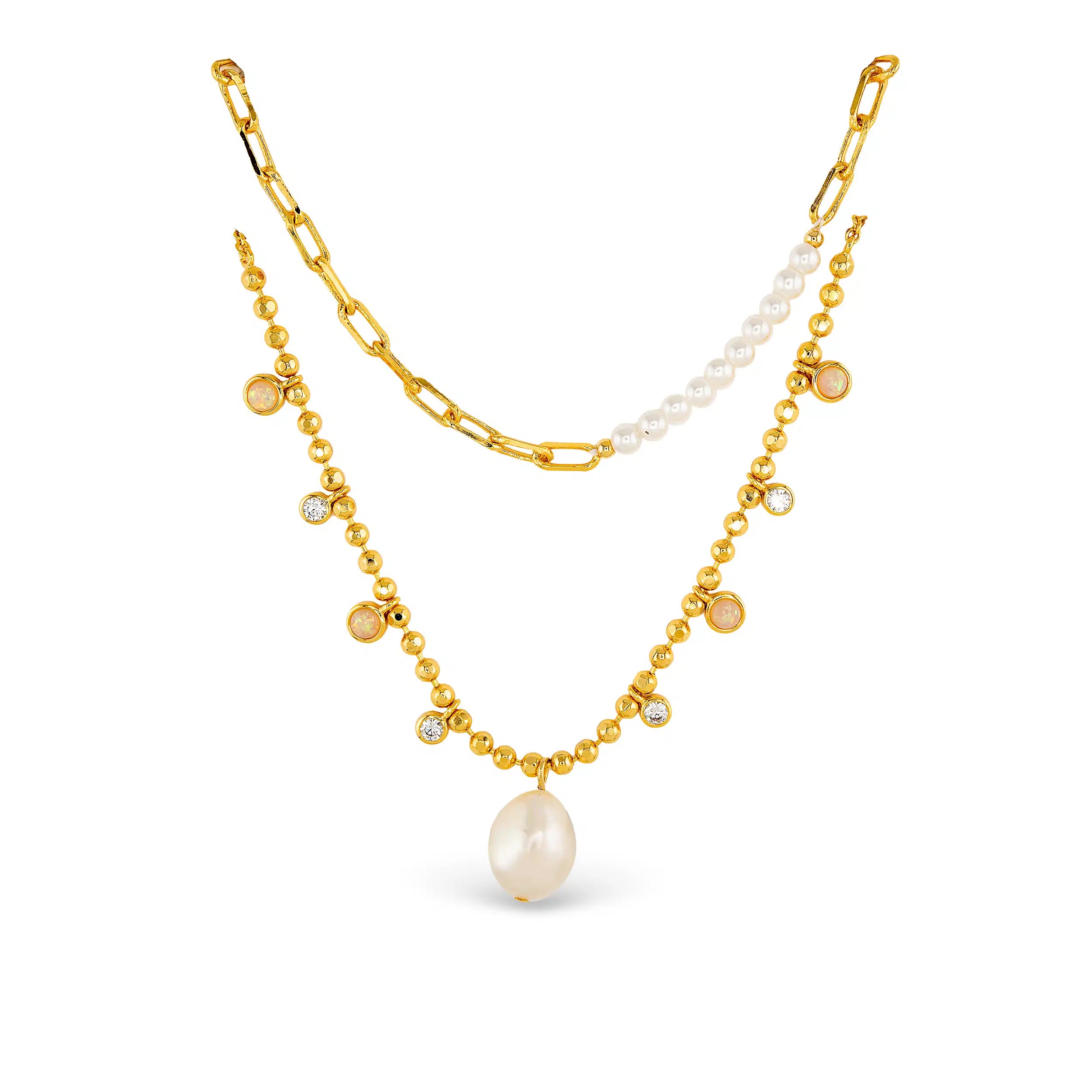 Gold CZ Dual Layer Chain Necklace - 51840