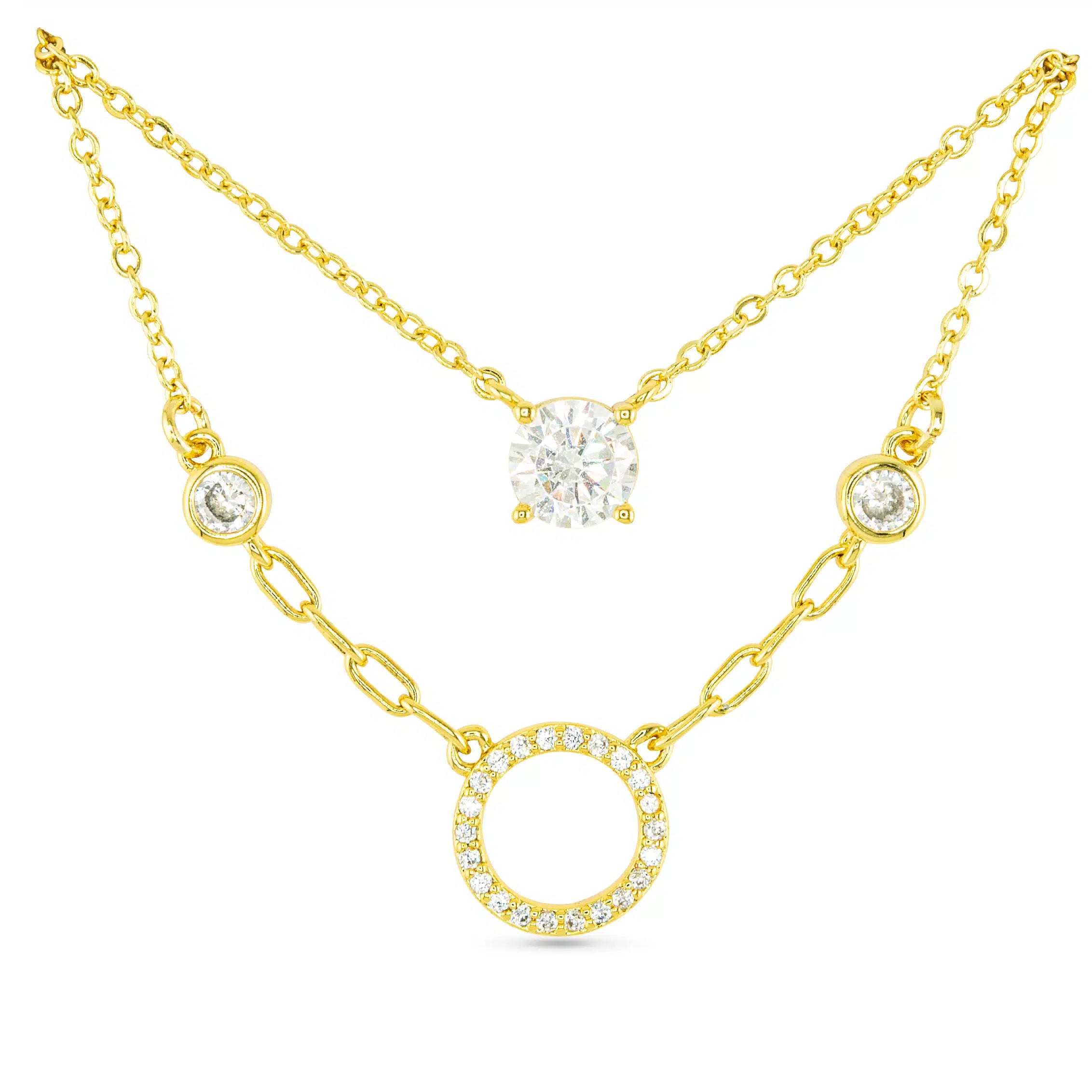 Gold CZ Dual Solitaire and Circle Necklace - 51726