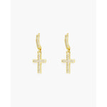 Gold CZ Hoop Framed Cross Drop Earrings - 52146