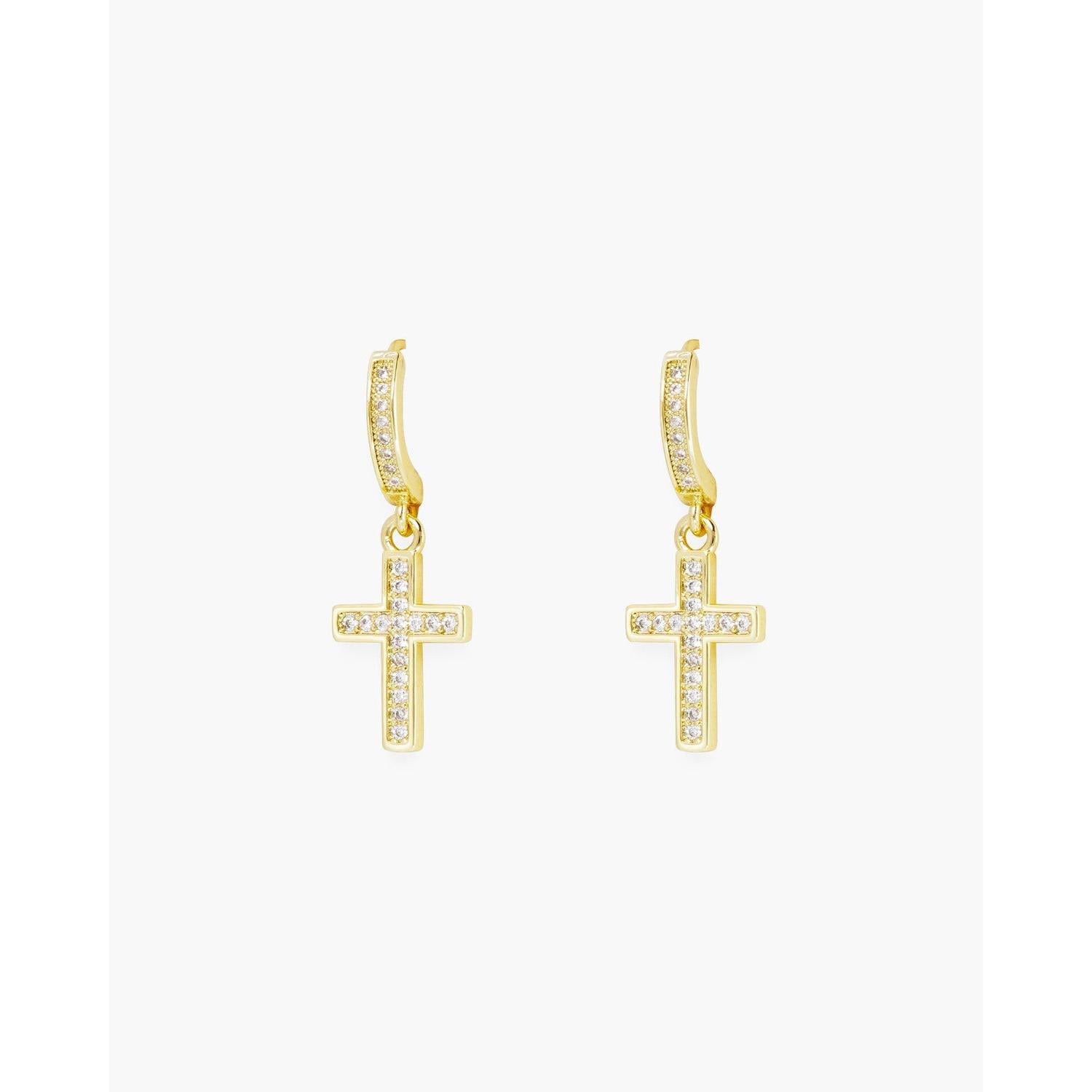 Gold CZ Hoop Framed Cross Drop Earrings - 52146