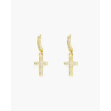 Gold CZ Hoop Framed Cross Drop Earrings - 52146