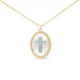 Gold CZ MOP Oval Blue Cross Necklace - 52133