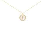 Gold CZ MOP Round Cross Pendant Necklace - 52159
