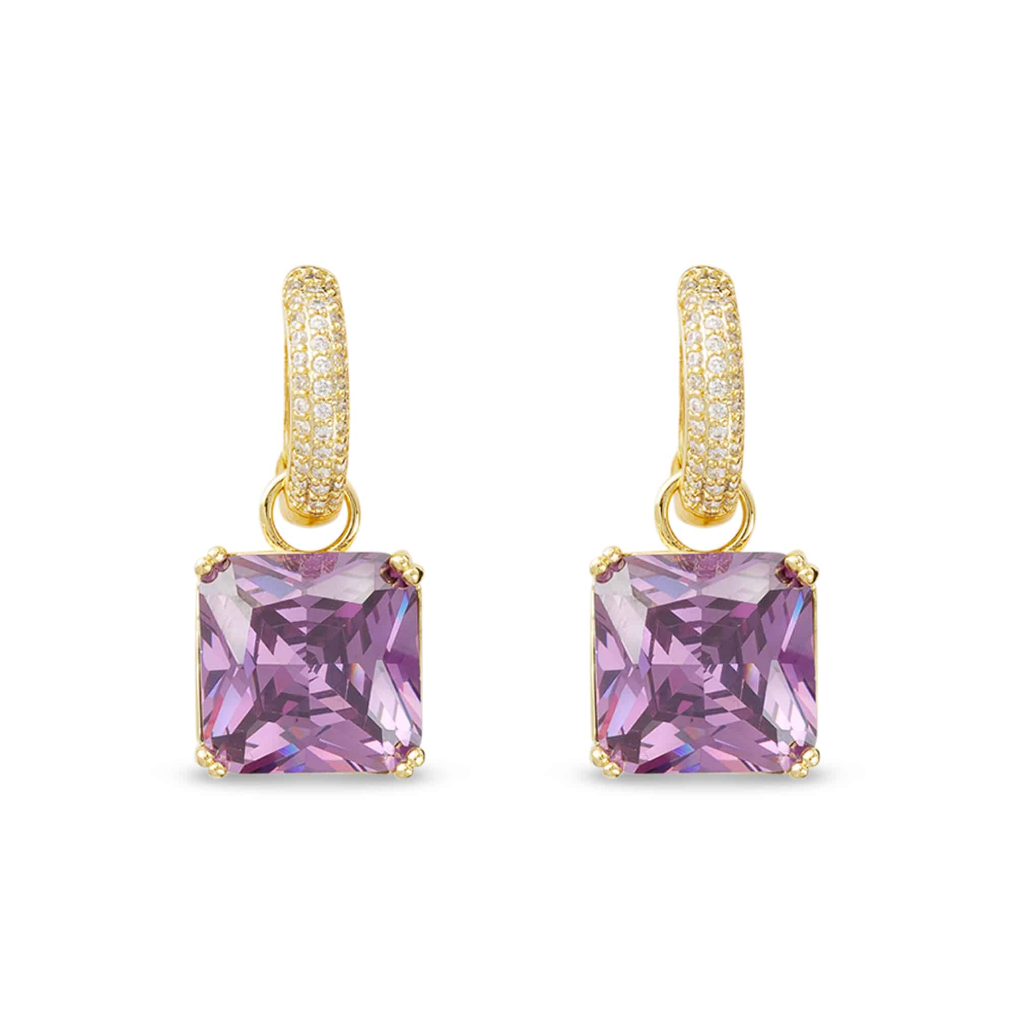 **Gold CZ and Crystal Amethyst Square Earrings - 52085