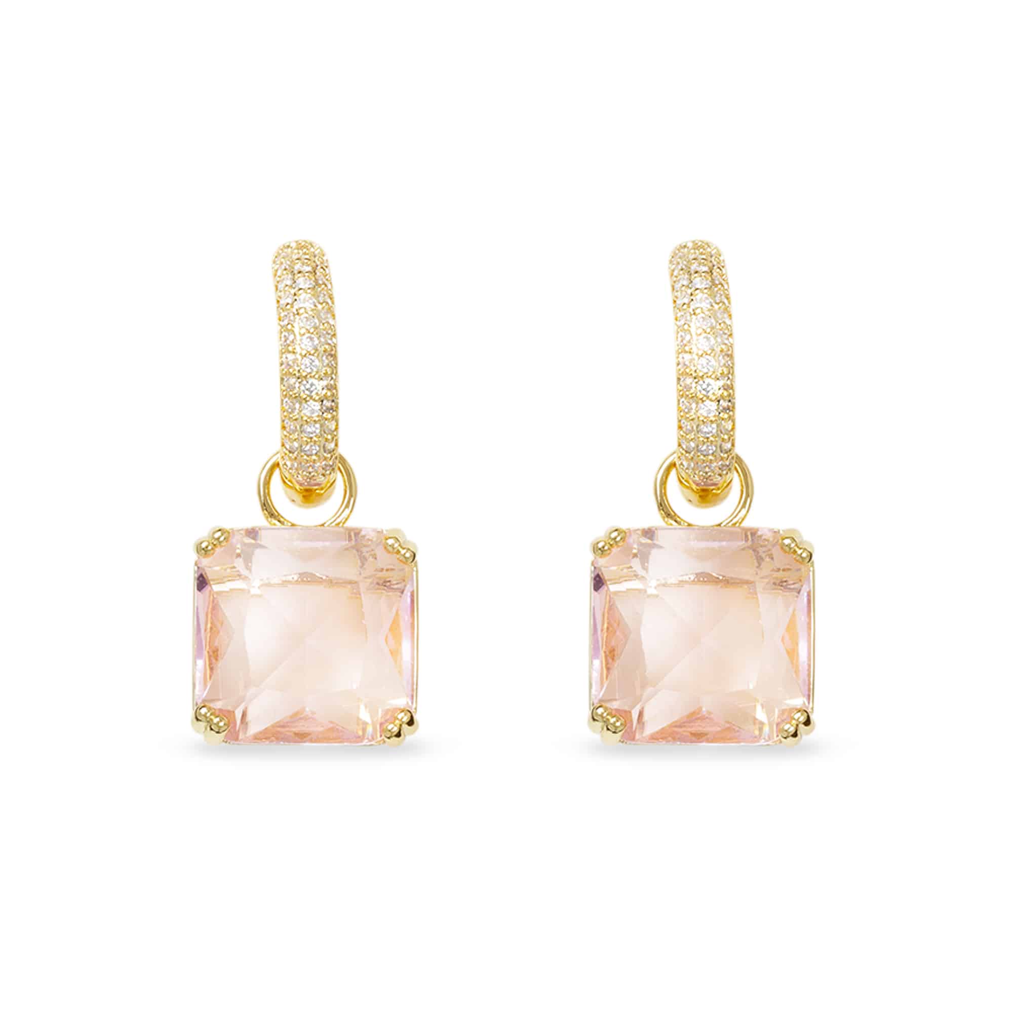 **Gold CZ and Crystal Pink Square Earrings - 52083