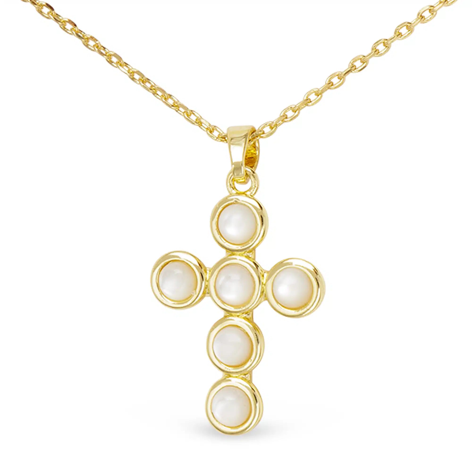 Gold MOP Circle Set Cross Necklace - 52186