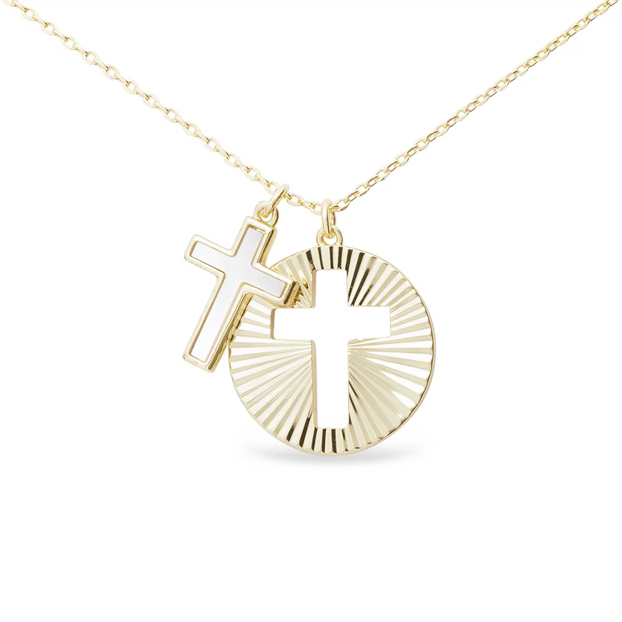 Gold MOP Cross and Gold Disc Cutout Cross Pendant Necklace - 52128