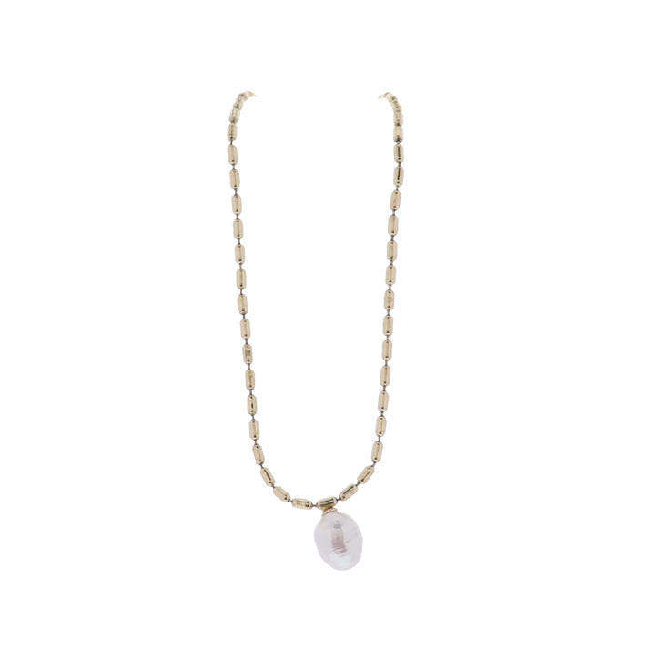 Gold Oval Bar Link Necklace - White Pearl