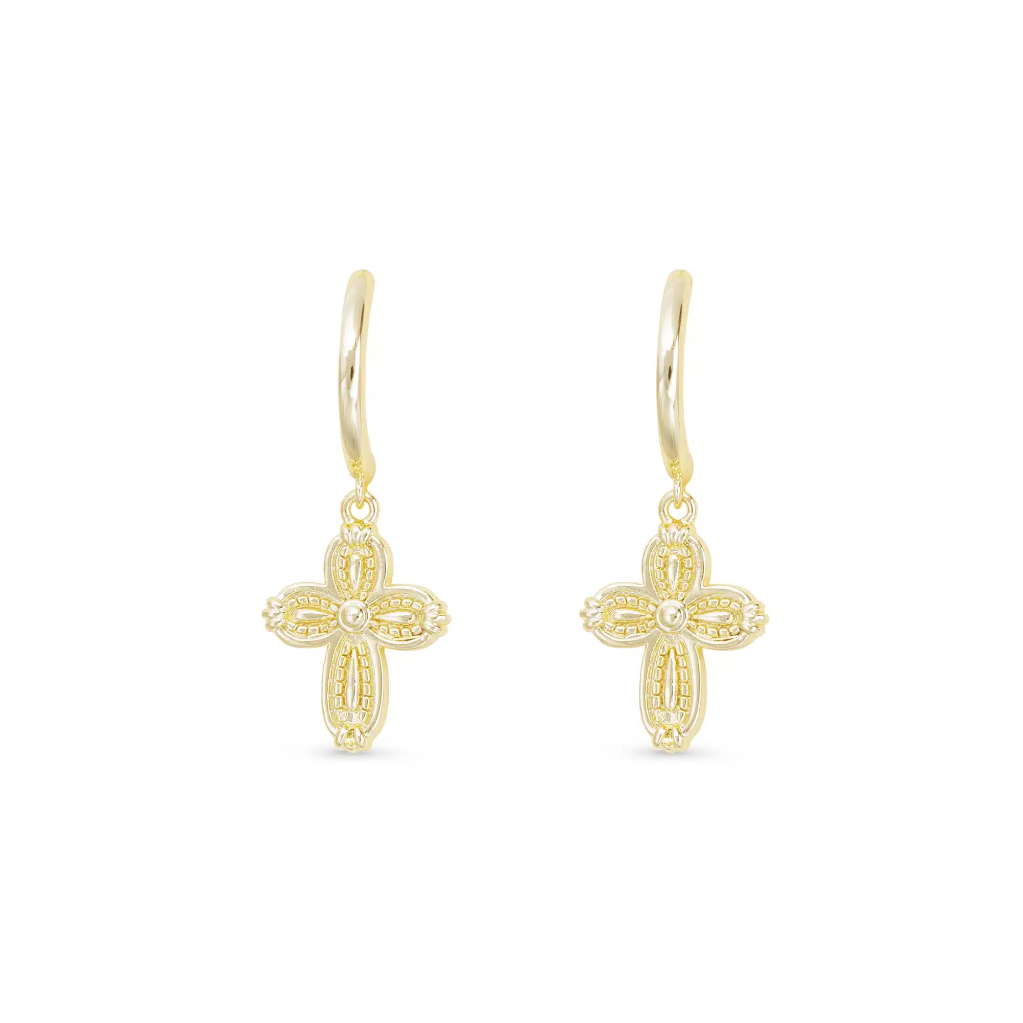 Gold Patterned Small Cross Hoop Drop Earrings - 52172