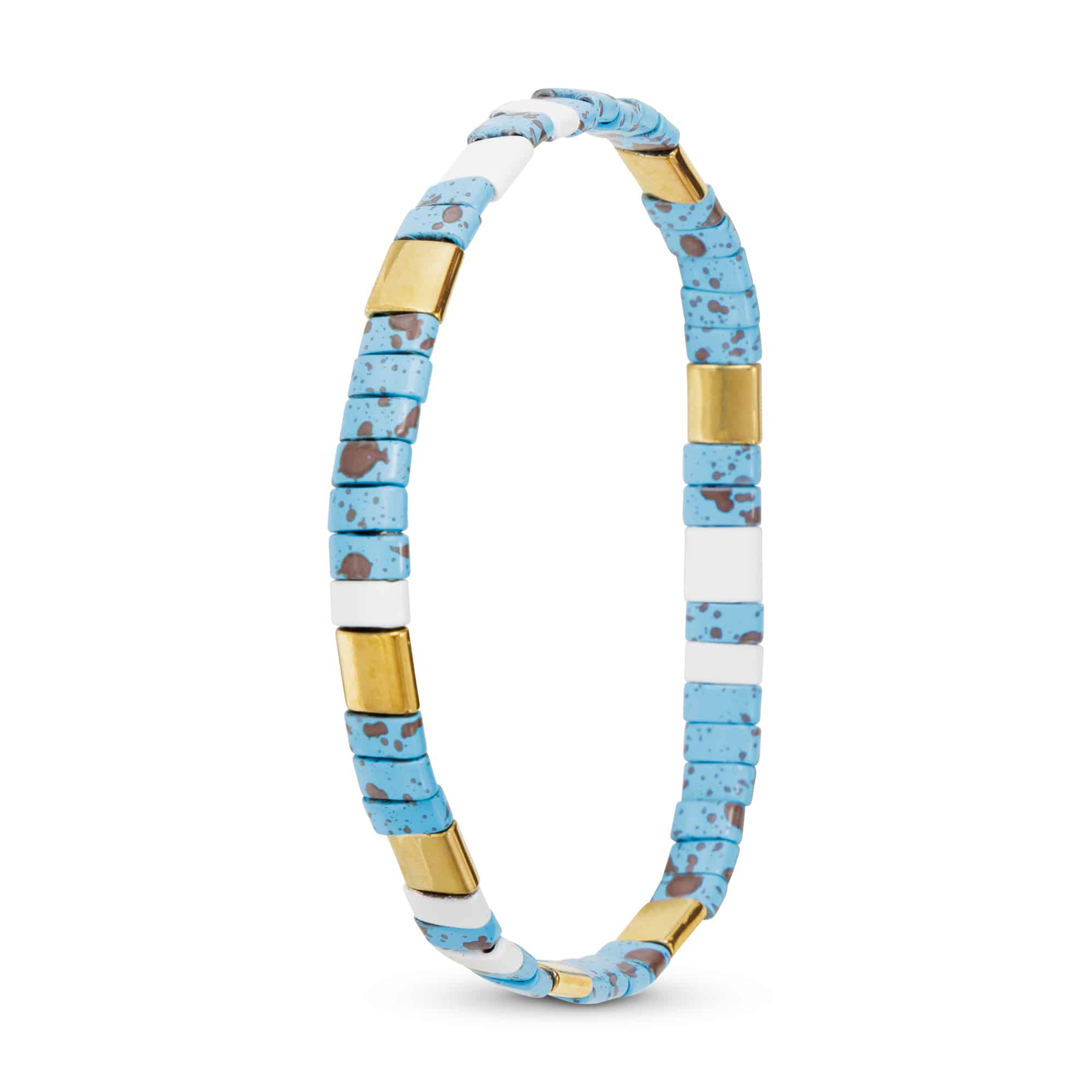 Gold White and Turquoise Flat Bead Stretch Bracelet - 52215