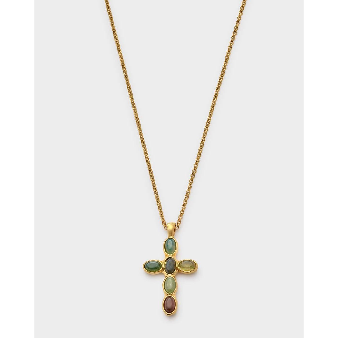 Green Agate Cross Necklace | Gold Coated