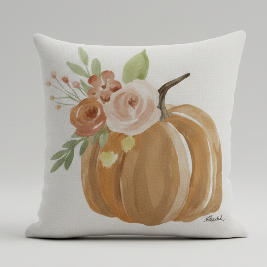 Haley's Orange Pumpkin w/ Flowers Square Pillow - 18x18