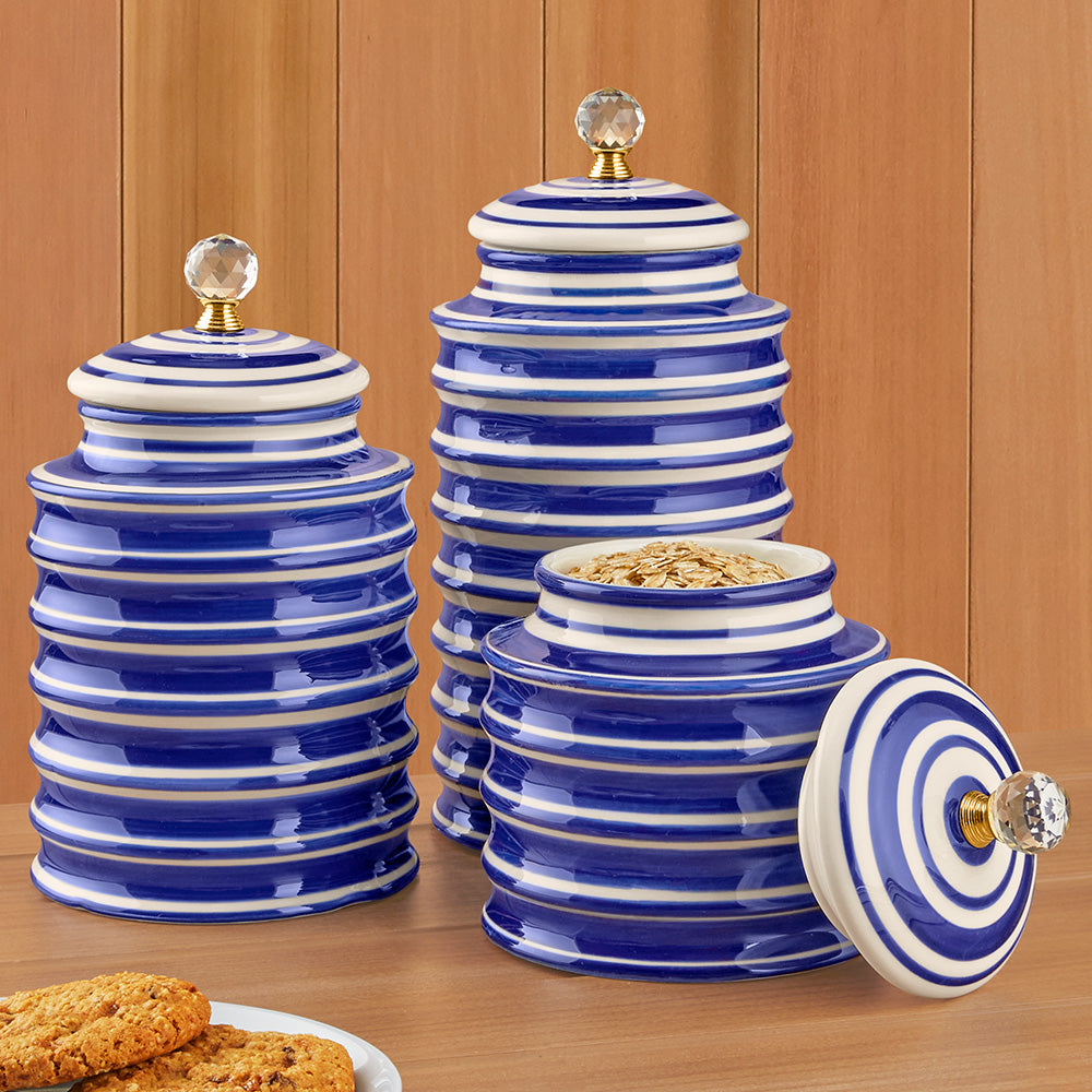 Large Blue & White Ribbed Canisters