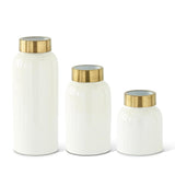 Large Gold Rim White Enameled Metal Vases