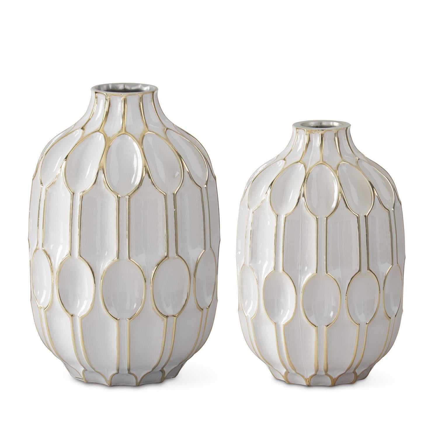 Small White Glass & Gold Oval Embossed Vase 8.25"