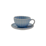 Light Blue Stoneware Pleated Mug w/ Saucer