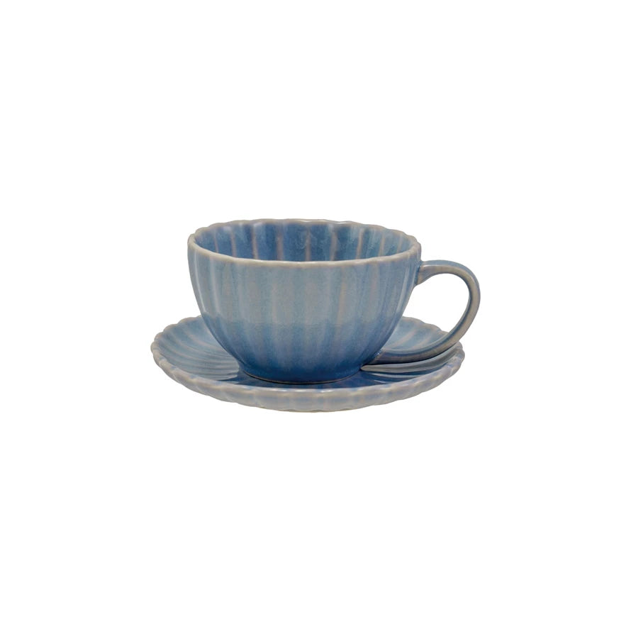 Light Blue Stoneware Pleated Mug w/ Saucer