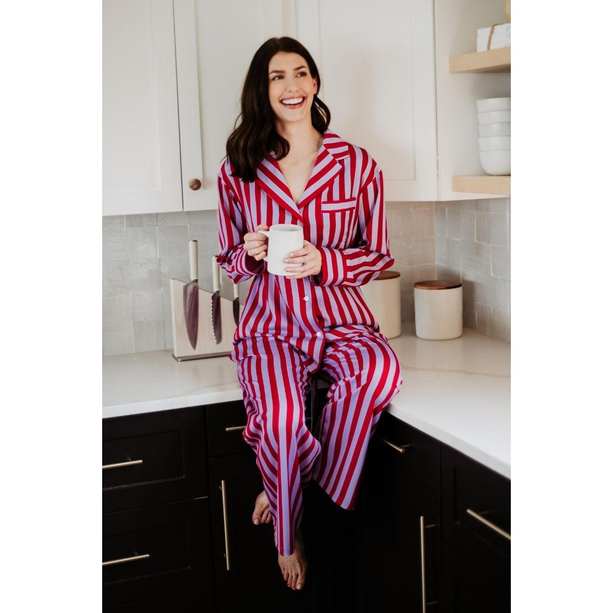 Lilac Striped Satin Pajama Set