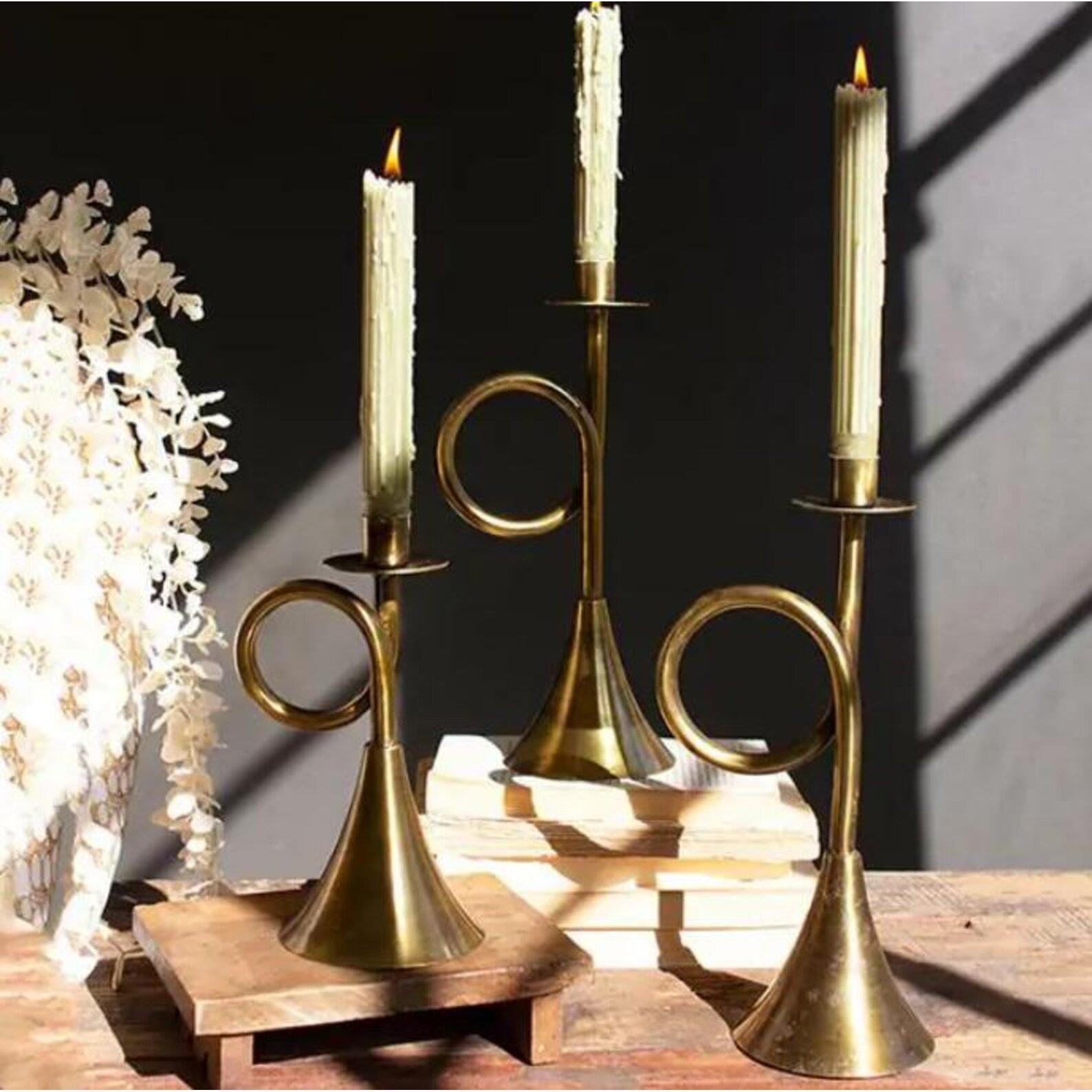 Medium Antique Brass Trumpet Taper Candle Holder