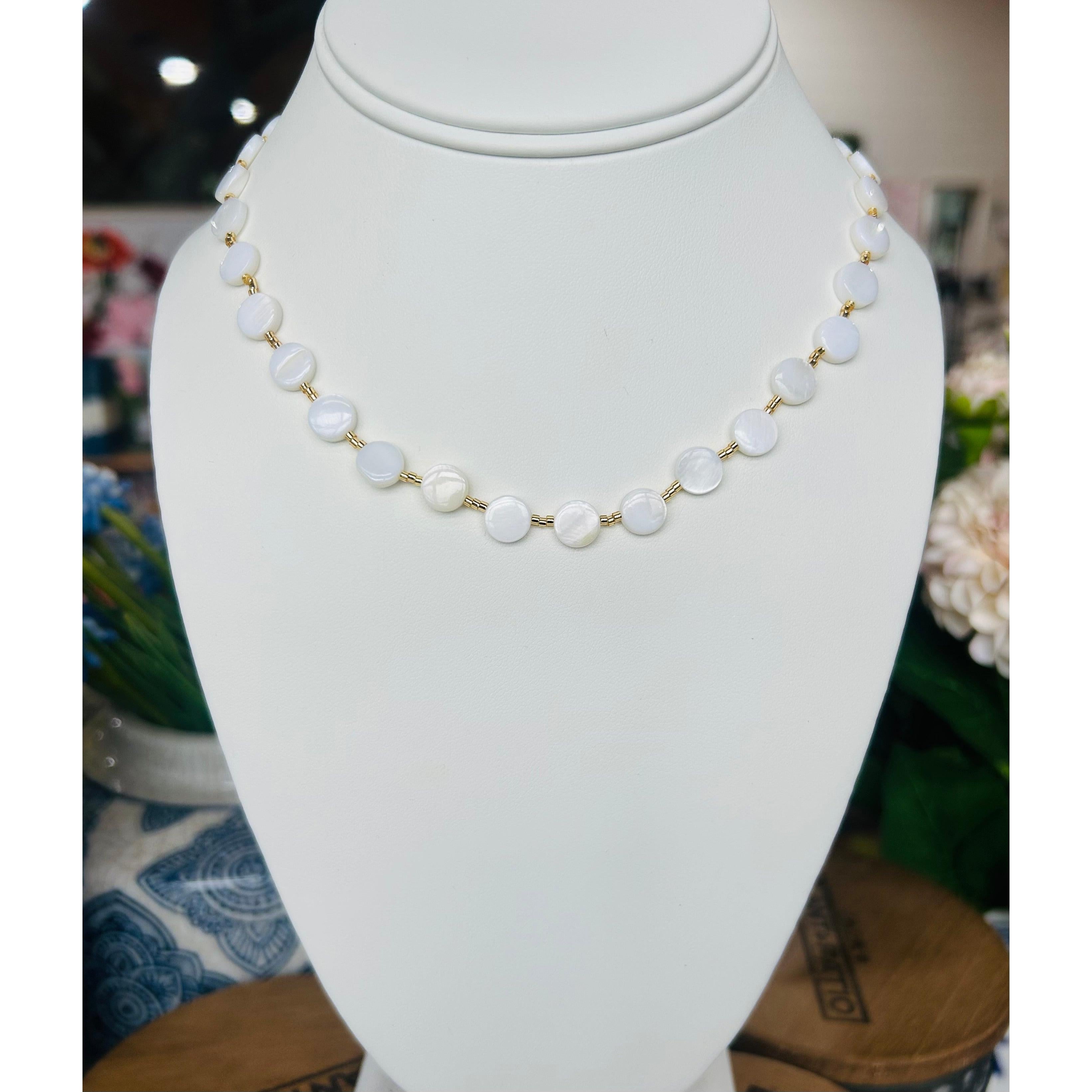 Medium White Flat Bead & Gold Bead Choker