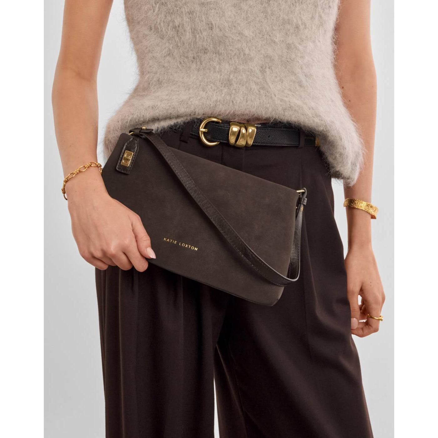 Orin Twist Lock Small Shoulder | Bitter Chocolate Suedette