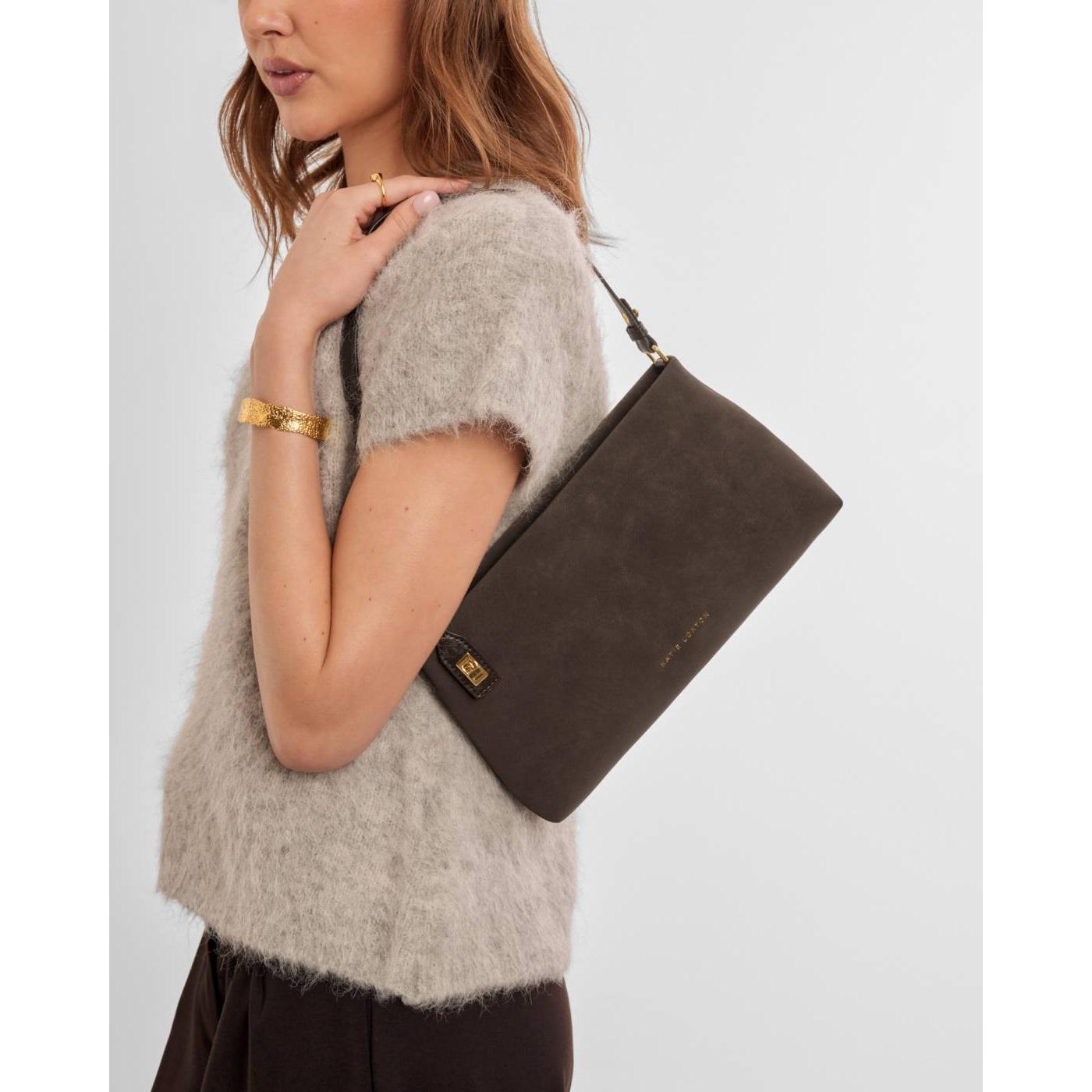 Orin Twist Lock Small Shoulder | Bitter Chocolate Suedette