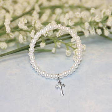 Pearl Bracelet 5" with Sterling Silver Cross